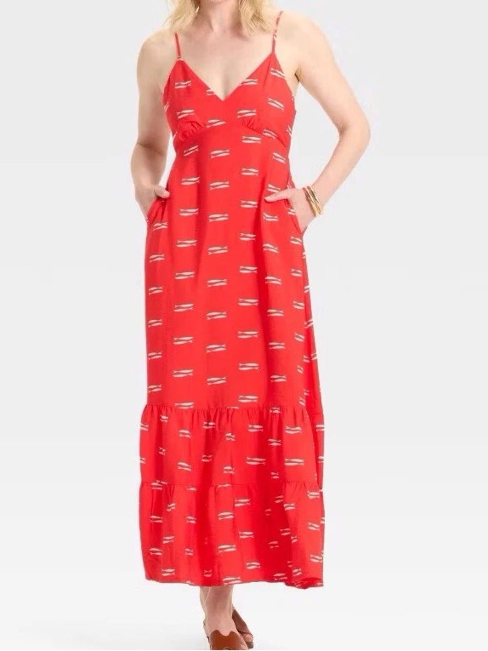 Sleeveless Red Maxi Dress with V-Neck and Pockets - Picture 1 of 1